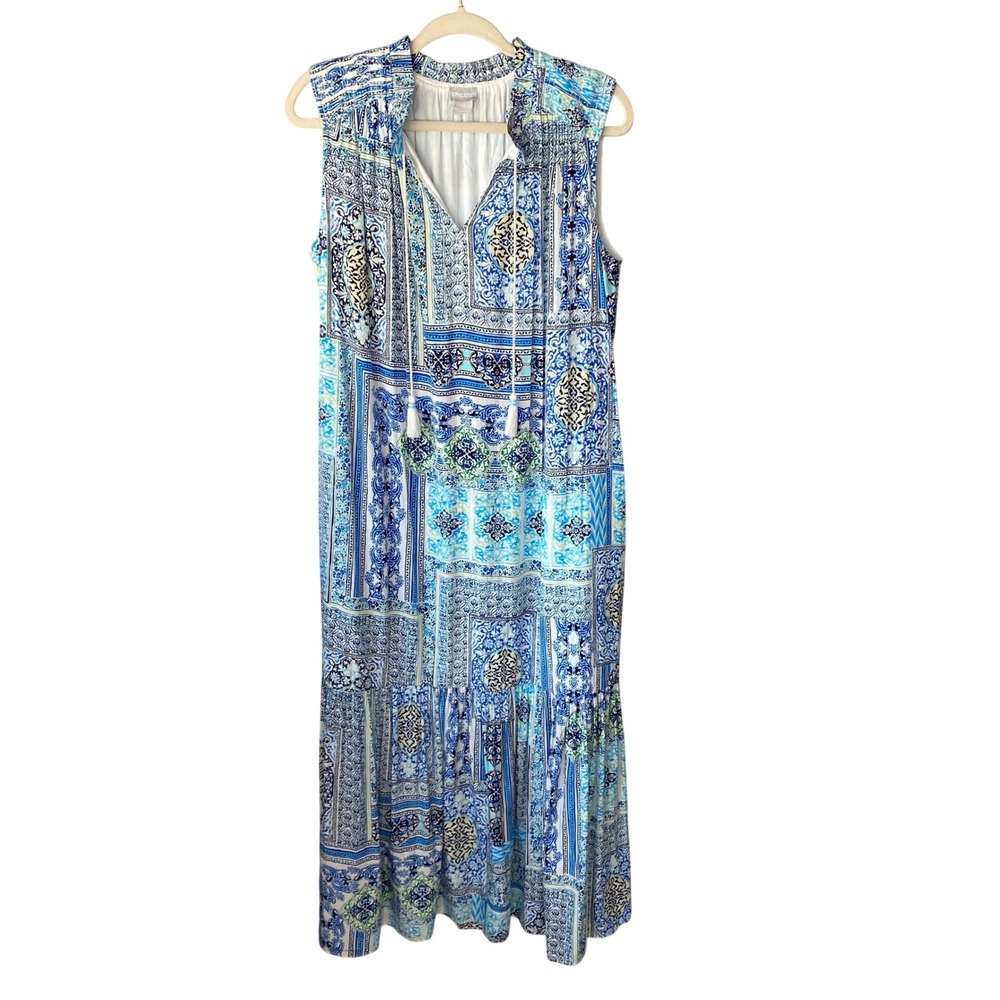 Chicos‎ Blue Mosaic Tile Print Sleeveless Maxi Dress Tassels 2P US 12/14P